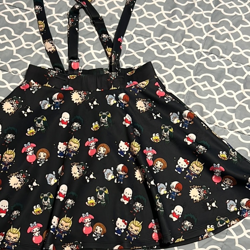 Hot Topic Black Skirt with Character Print and Suspenders